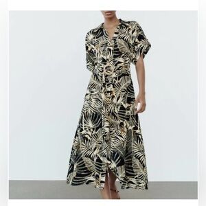 TROPICAL PRINT LINEN BLEND DRESS BLACK. SIZE L